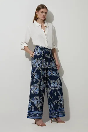 Karen Millen Tall Viscose Linen Mirrored Floral Woven Straight Leg Trouser