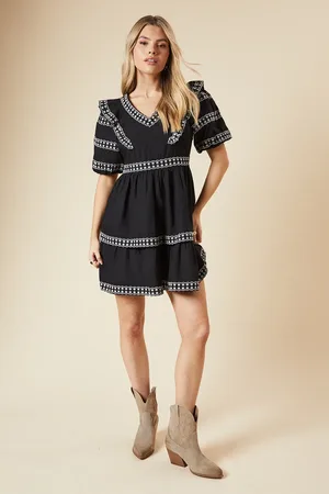 Dorothy Perkins Embroidered Trim Ruffle Shoulder Mini Dress