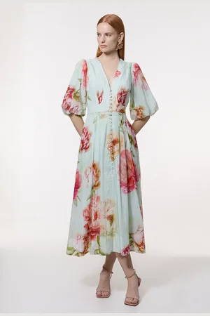 Karen Millen Silk Cotton Trailing Puff Sleeve Midi Dress