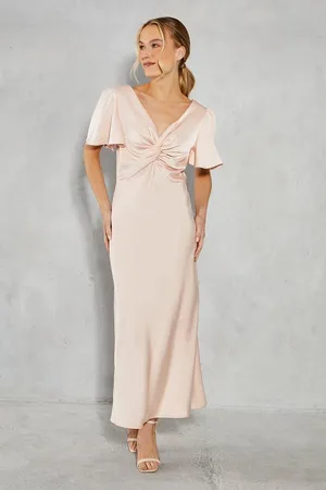 Oasis Satin Twist Front Angel Sleeve Midi Bridesmaids Dress