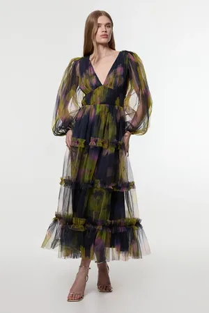 Karen Millen Floral Tulle Plunge Woven Maxi Dress
