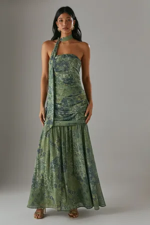 warehouse Chiffon Neck Tie Bandeau Ruched Maxi Dress