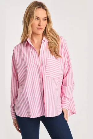 French Connection Cotton Blend Relaxed-Fit Long Sleeve Striped Popover High-Low Hem Shirt