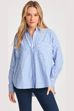 French Connection Cotton Blend Relaxed-Fit Long Sleeve Striped Popover High-Low Hem Shirt