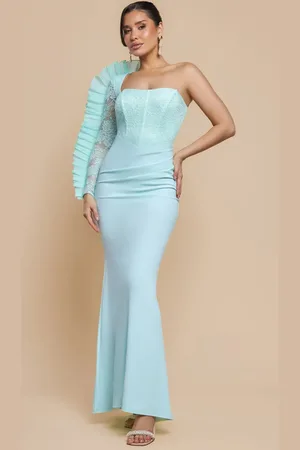 Goddiva One Shoulder Organza Fan Detail Lace Bodice Maxi Dress