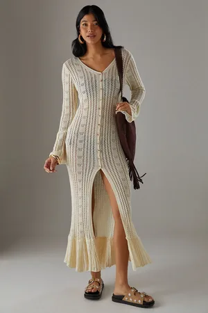 warehouse Pointelle Button Down Knitted Midaxi Dress