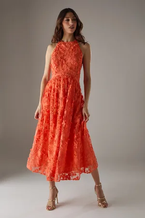 warehouse 3D Embroidered Halter Open Back Midi Dress