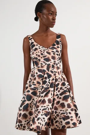Karen Millen Structured Viscose Satin Animal Print Tailored Prom Mini Dress