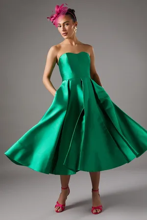 Coast Pleated Twill Midi Dress With Sweetheart Neckline
