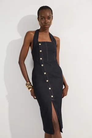 Karen Millen Tailored Denim Halter Neck Pencil Midi Dress