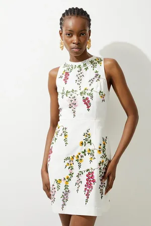 Karen Millen Embroidered Cotton Linen Woven Mini Dress