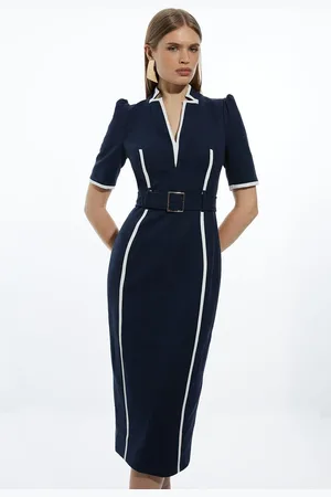 Karen Millen Compact Stretch Contrast Tipped Forever Belted Tailored Midi Dress
