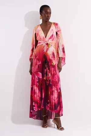 Karen Millen Ombre Floral Soft Pleated Woven Maxi With Cape Detail