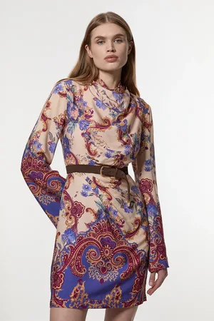 Karen Millen Premium Viscose Linen Paisley Border Print Woven Mini Dress