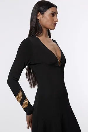 Karen Millen Slinky V Neck Knitted Dress With Hardware Keyring Detail