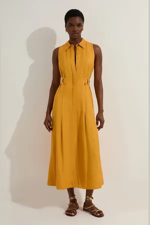 Karen Millen Premium Viscose Linen Topstitch Halter Neck Woven Midi Dress With D Ring Detail