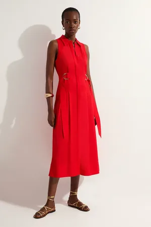 Karen Millen Premium Viscose Linen Topstitch Halter Neck Woven Midi Dress With D Ring Detail