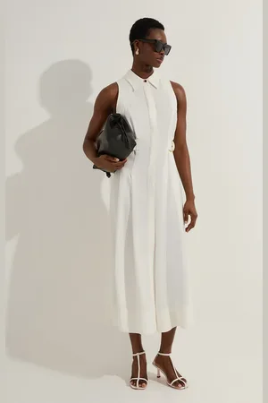 Karen Millen Premium Viscose Linen Topstitch Halter Neck Woven Midi Dress With D Ring Detail