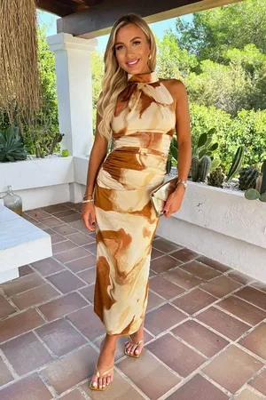 Ax Paris And Stone Marble Print Halter Neck Draped Waist Midi Dress