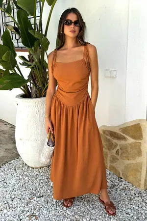 Ax Paris Rust Drawstring Tie Straps Ruched Top Midi Dress