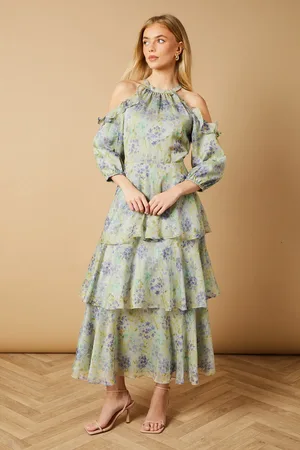 Oasis Cold Shoulder Metallic Maxi Ruffle Tier Dress