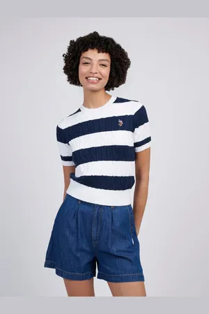 U.S. Polo Assn. Stripe Loose Cable Knit Short Sleeve Jumper