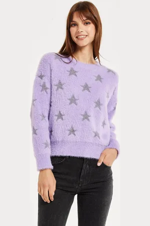 Liquorish Fluffy Grey Star Pattern Jumper In