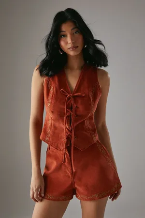 warehouse HCD Cord Embroidered Lace Up Waistcoat