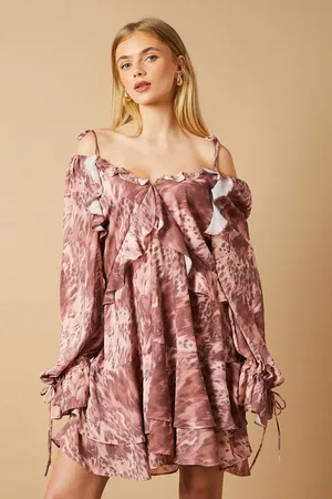 Oasis Cow Printed Ruffle Detail Mini Dress