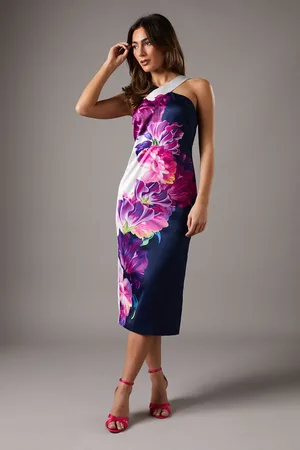 Coast Cross Neck Satin Midi Pencil Dress