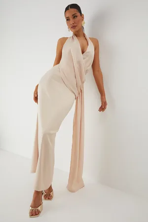 MissPap Satin Halterneck Draped Side Maxi Dress
