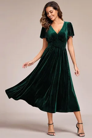 Ever Pretty Striped Velvet Flutter Sleeves V-Neck Midi Wedding Guest Dress
