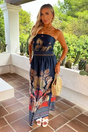Ax Paris Safari Print Strapless Shirred Waist Side Split Midi Dress