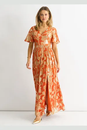 Gini London Metallic Jacquard Flutter Sleeves Maxi Dress
