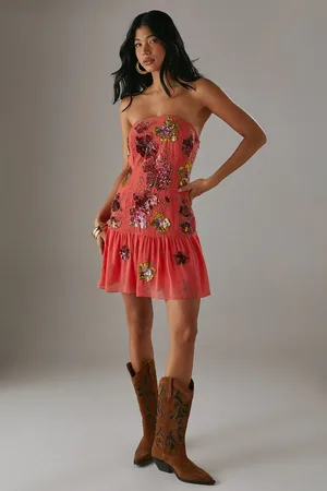 warehouse Hand Embellished Sequin Structured Bandeau Drop Hem Mini Dress