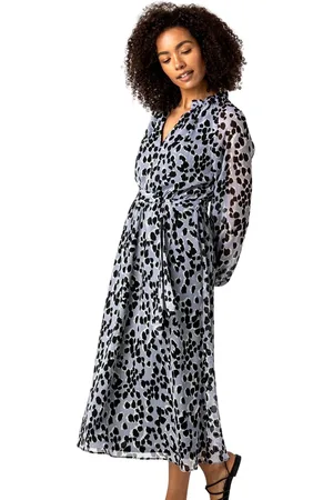 Roman Animal Print Belted Chiffon Midi Dress