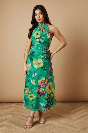 Oasis Floral Satin Burnout Halterneck Midi Dress