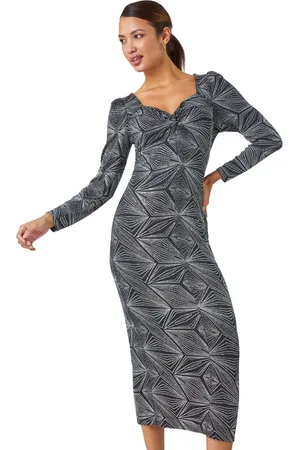 Roman Geometric Glitter Print Midi Stretch Dress