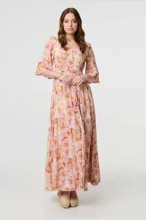 Izabel London Floral 3/4 Flare Sleeve Smock Maxi Dress