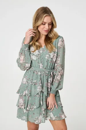 Izabel London Vintage Floral Long Sleeve Skater Dress