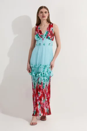 Karen Millen Floral Pleat Detail Strappy Woven Midi Dress