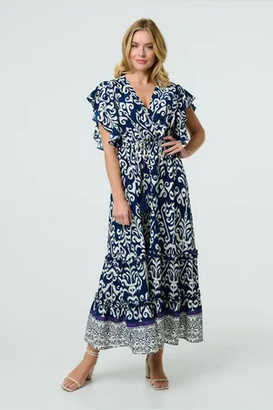 Izabel London Mosaic Print Ruffle Batwing Sleeve Maxi Dress