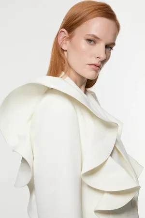 Karen Millen Drama Ruffle Tailored Single Breasted Cropped Blazer