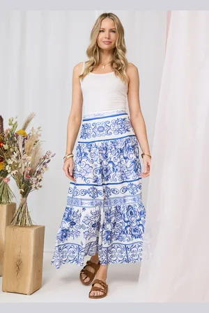 Izabel London Mosaic Print High Waist Tiered Maxi Skirt