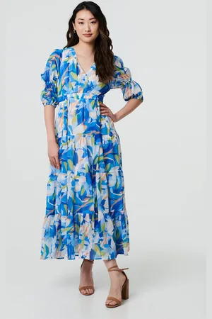 Izabel London Abstract 3/4 Puff Sleeve Tiered Maxi Dress