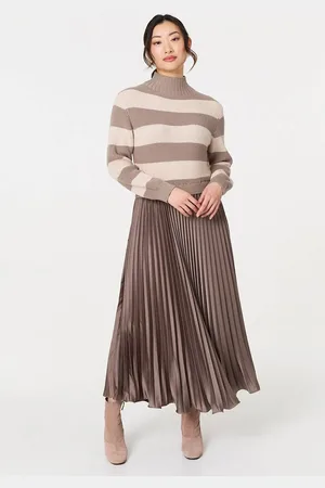 Izabel London Striped High Neck Pleat Knit Maxi Dress