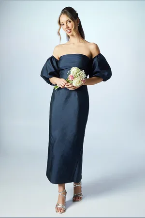 Coast Bardot Puff Sleeve Textured Column Bridesmaids Dress
