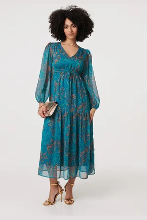 Izabel London Leaf Print Sheer Tie Waist Maxi Dress