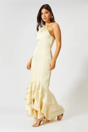 MissPap Satin Frill Hem Hater Neck Maxi Dress