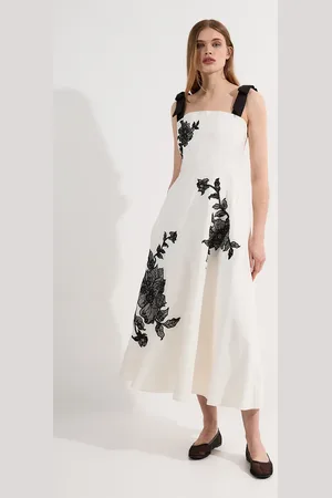 Karen Millen Viscose Linen Placed Floral Lace Embroidered Strappy Midi Dress